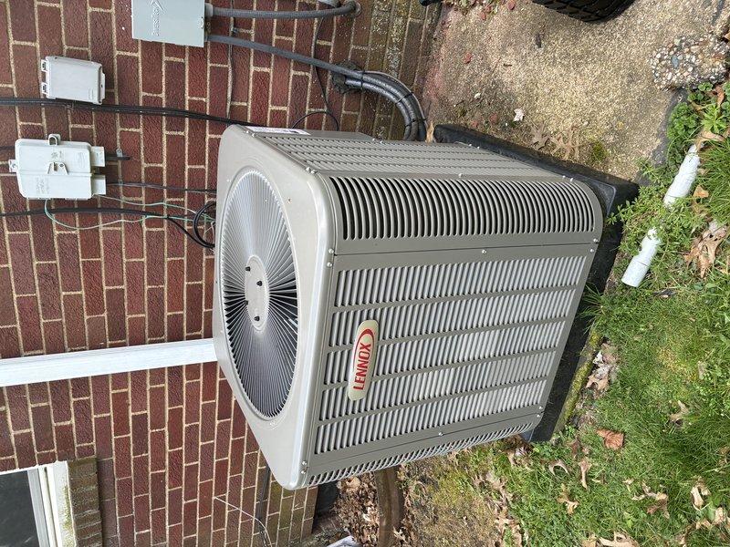Completed MVP air conditioning maintenance service on Lennox cooling system. Inspected outdoor condenser unit, confirmed proper operation of compressor and fan assembly, verified metal fins intact with no visible damage. Replaced dirty pleated air filters at indoor air handler unit. All components functioning within normal parameters.
