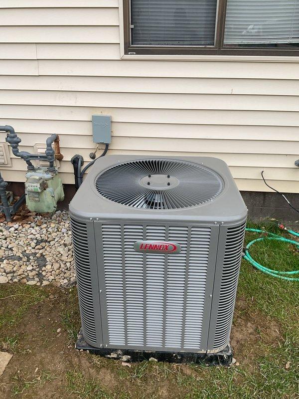 Responded to no-cooling complaint on recently installed Lennox system. Upon arrival, verified outdoor condensing unit was running but home was not reaching set temperature. Inspected electrical connections at disconnect box, refrigerant line set routing, and condensate drainage. Checked unit operation and confirmed compressor engagement. Identified issue with thermostat communication preventing proper system cycling. Corrected wiring at control board, tested system through complete cooling cycle, and verified proper airflow and temperature differential. System now cooling properly and maintaining setpoint.