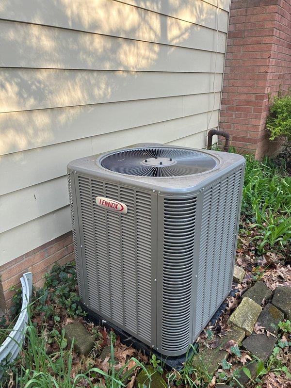 Completed scheduled MVP cooling maintenance visit on residential HVAC system. Performed comprehensive inspection of both indoor air handler unit and outdoor Lennox condensing unit. Indoor unit showed significant condensation accumulation on cabinet surfaces, indicating proper cooling operation and adequate airflow. Verified refrigerant lines, inspected inline filter drier with identification tag, and confirmed condensate drain system functioning correctly with visible PVC drainage. Outdoor condenser unit inspected for proper operation, clearance from debris, and secure mounting on isolation pads. Confirmed refrigerant line insulation intact and all mechanical components operating within normal parameters. System operating efficiently with no deficiencies noted.