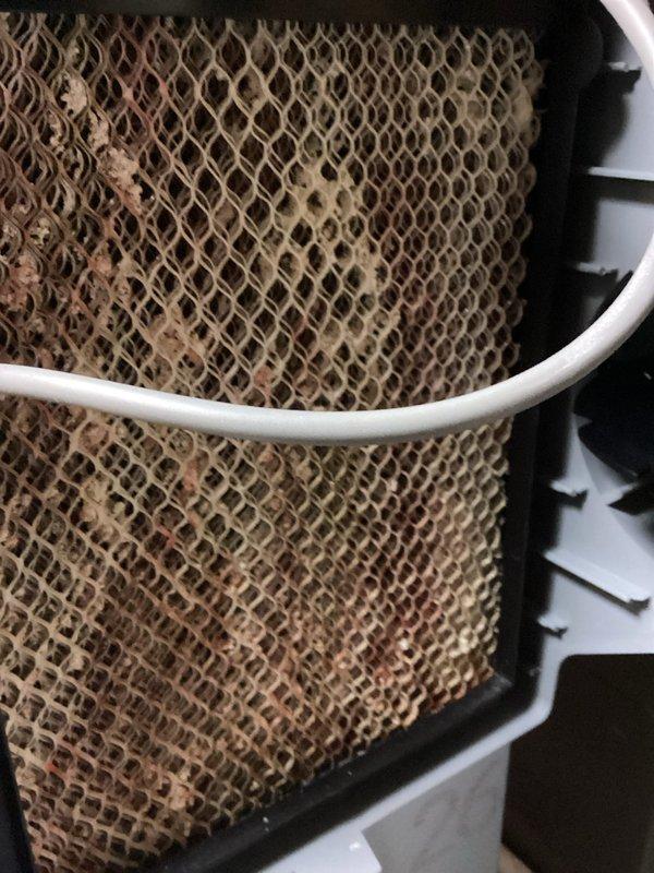 Completed preventive maintenance on Lennox model CKH-48C-BF-20 air conditioning system. Inspected evaporator coil and found heavy accumulation of dust and debris on mesh screen, particularly concentrated on one side. Documented equipment condition with manufacturer nameplate showing serial number 1522AM2942 and refrigerant specifications. System operational upon completion of maintenance visit.