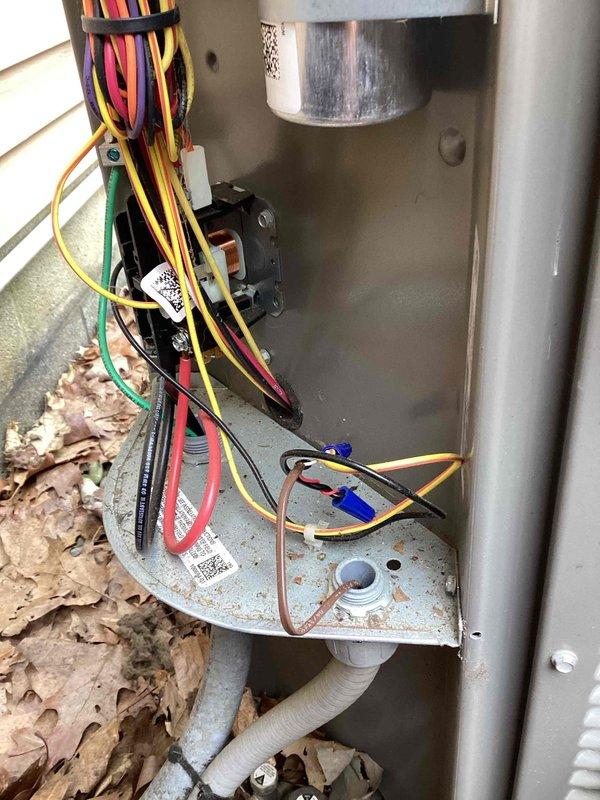 Responded to no cooling call on 4-year-old air conditioning system. Found outdoor condensing unit operational but indoor blower motor not running. Upon inspection, discovered significant debris accumulation including dried leaves around outdoor unit and visible corrosion on blower motor mounting plate and electrical connections. Identified failed blower motor as root cause of no airflow condition. Documented corroded components and deteriorated wiring connections with blue wire terminals showing rust damage. Presented repair options and discussed preventative maintenance program benefits. Customer declined membership plan and authorized diagnostic fee only. No repairs performed at this time.