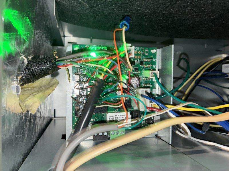 Completed scheduled MVP cooling maintenance visit on one-year-old system. Performed comprehensive inspection of control board, verified all electronic components and LED indicators functioning properly, and inspected electrical connections and fusing. All wiring connections secure, fuses tested within specifications, and system operating normally with no deficiencies noted.