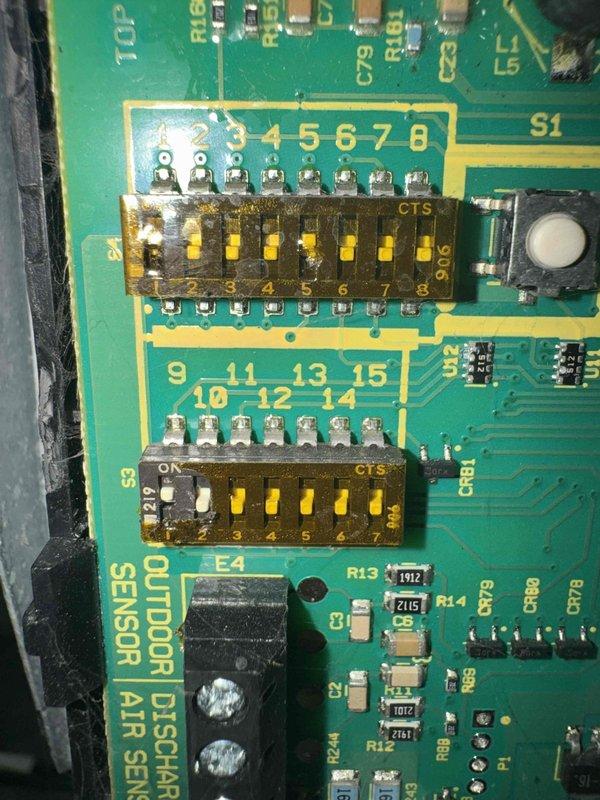 Completed comprehensive AC tune-up on six-year-old unit. Inspected control board components and verified proper DIP switch configurations for outdoor discharge and sensor operations. Measured and documented system discharge temperature at 183°F, confirming unit operating within normal parameters for cooling mode.