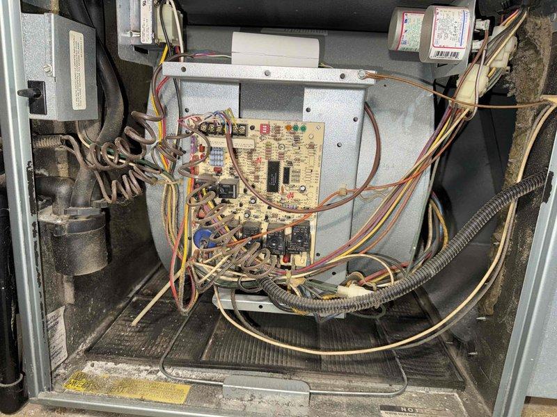 Completed scheduled MVP cooling maintenance visit and system inspection. Upon accessing the unit, identified significant deterioration of foam insulation material along equipment seams and panels, with debris accumulation on platform surfaces requiring cleanup. Inspected internal components including control boards, capacitors, electrical connections, and motor assembly. All circuit boards, wiring harnesses, and electrical components verified to be functioning properly despite age-related dust accumulation throughout the compartment.