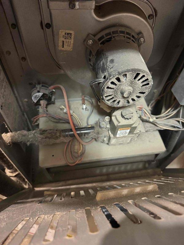 Responded to no cooling complaint with unit blowing warm air and failing to reach thermostat setpoint. Upon inspection, found blower wheel heavily contaminated with dust and debris accumulation affecting airflow. Cleaned blower assembly and motor components, restored proper system operation and airflow.