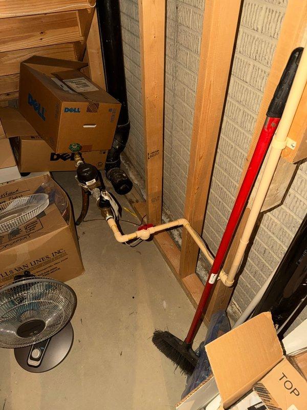 Responded to service call for high-pitched noise emanating from upstairs bathroom shower and faucet fixtures in 26-year-old residential property. Upon inspection, accessed crawl space and basement utility areas to trace water supply lines and identify source of whistling sound. Examined plumbing system including copper supply lines, PVC drainage configuration, and fixture connections throughout affected bathroom. Diagnosed noise as water hammer or resonance within aging supply piping, likely caused by partially restricted flow or loose pipe mounting. Inspected pressure regulation system and verified no leaks, blockages, or pressure irregularities present. Documented existing plumbing infrastructure configuration with photographic evidence showing overhead pipe routing in attic space and basement copper supply line arrangement. Provided recommendations for resolution including potential installation of water hammer arrestors, securing loose pipe sections, or adjusting water pressure if 