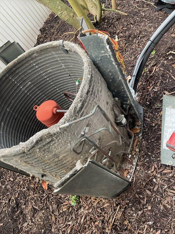 Completed routine cooling maintenance visit on a 7-year-old air conditioning system. Upon arrival, found the outdoor condenser unit heavily soiled with accumulated dirt, debris, and grime on both the exterior surfaces and condenser coil fins. Performed thorough cleaning of the condenser coils to restore proper airflow and heat transfer efficiency. Inspected all electrical connections, refrigerant lines, and mechanical components. Documented equipment condition with photos showing significant improvement after service. Unit tested and operating within normal parameters upon completion.