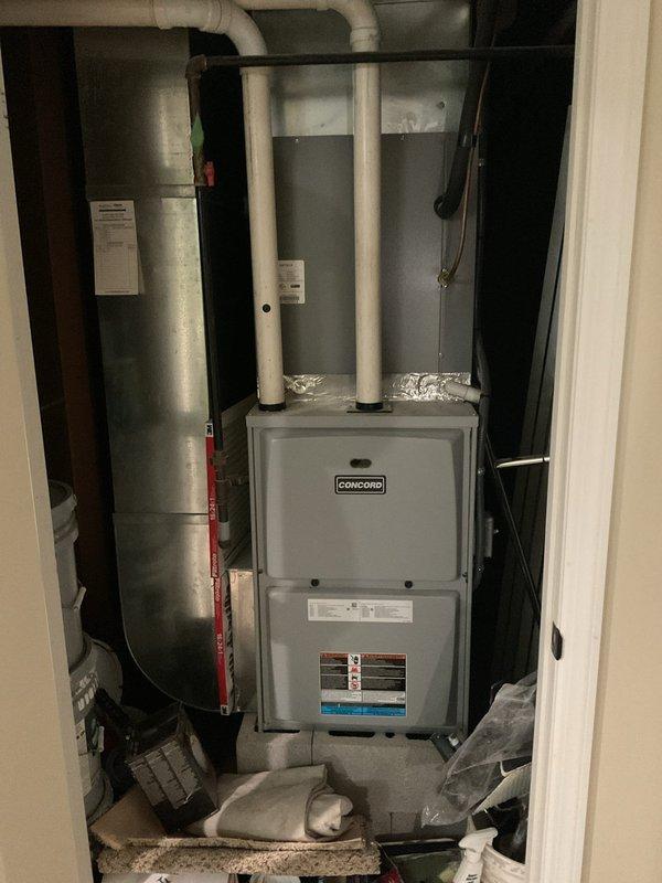Completed BS-MVP recurring cooling and heating maintenance visit on residential Concord furnace system. Performed standard inspection of gas-fired heating unit, verified proper operation of exhaust and intake PVC venting, and checked all mechanical connections including flexible ductwork. System operating within normal parameters with no issues identified during this scheduled maintenance call.