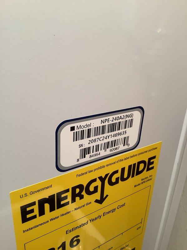 Performed complimentary first-year descaling service on Navien NPE-240A2 natural gas tankless water heater per manufacturer warranty requirements. Completed flush and fill procedure using descaling solution to remove mineral buildup from heat exchanger, ensuring optimal efficiency and performance of the instantaneous water heating system.