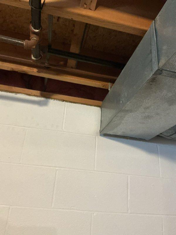 Conducted site assessment in basement utility area to provide estimate for installing hot water supply lines and natural gas lines for pool equipment. Evaluated existing plumbing infrastructure including copper water supply lines with shut-off valves and current gas piping configuration. Documented routing requirements through exposed floor joists and concrete block foundation wall to determine optimal path for new piping runs to exterior pool location. Photographed existing utility connections, available access points, and structural considerations for proposed installation work.