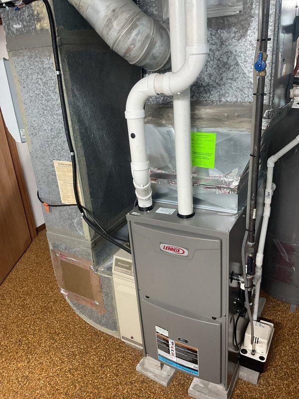 Completed MVP recurring cooling maintenance on 3-year-old residential HVAC system. Inspected Lennox furnace and air handler assembly, verified proper operation of all components, and replaced air filters. Examined ductwork, insulation, condensate drainage system, and PVC venting for proper installation and function. All equipment operating within normal parameters with no issues identified.