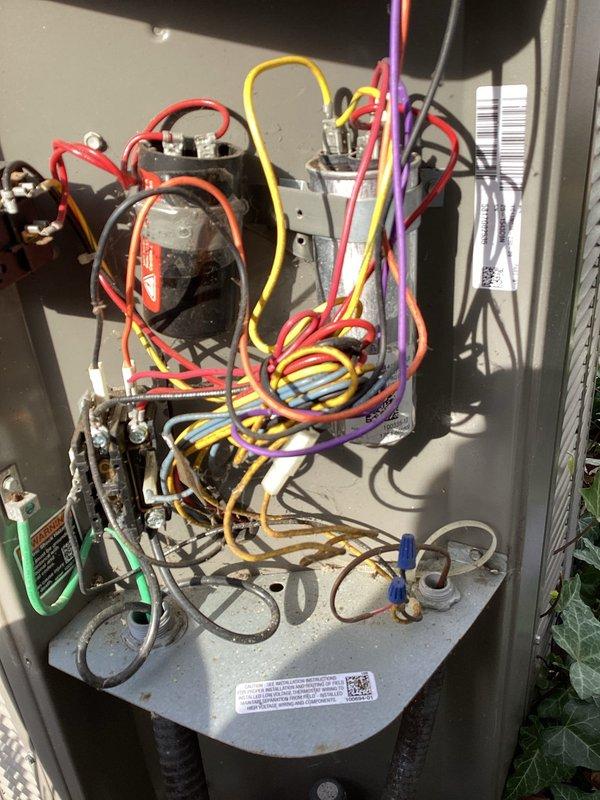 Completed scheduled BS-MVP cooling maintenance visit on 8-year-old Lennox HVAC system. Performed comprehensive inspection of outdoor condensing unit electrical components, indoor furnace unit, and all associated connections. Verified proper operation of contactors, relays, capacitor, and control wiring; documented equipment condition through photographic records of electrical panel and indoor unit installation.