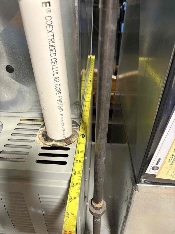 Completed furnace replacement estimate for 15-year-old unit. Documented existing system measurements and configuration, including PVC venting and condensate piping, copper refrigerant lines, and electrical connections. Provided detailed assessment and replacement quote for customer approval.