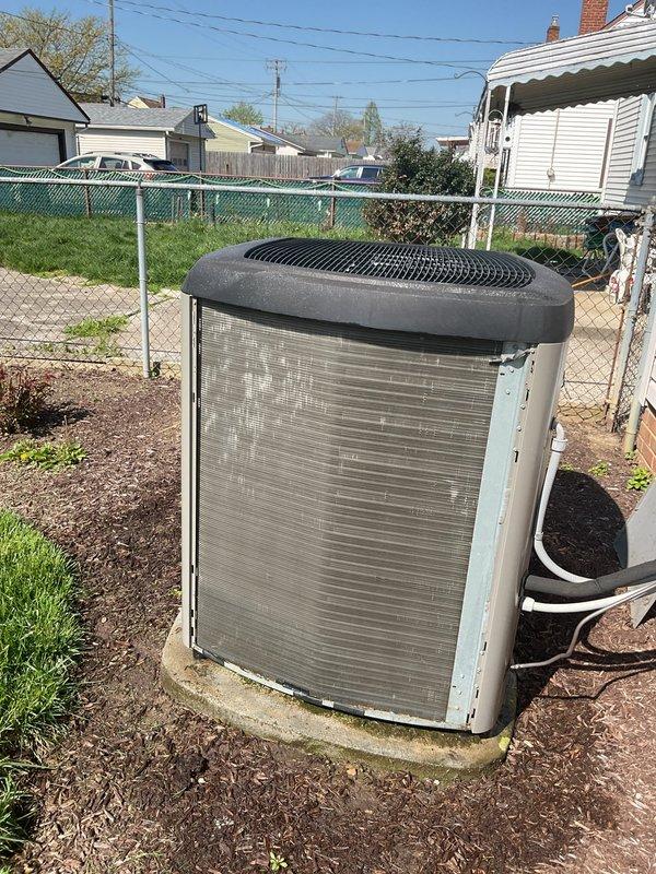 Completed preventive maintenance cooling visit on 8-year-old Lennox condensing unit. Performed standard inspection of outdoor unit including visual assessment of cabinet condition, electrical disconnect, refrigerant lines, and condensate drainage. Unit found operating within normal parameters with no immediate service needs identified. Documented equipment condition with photographs for service records.