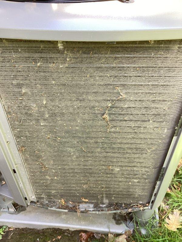 Completed scheduled MVP cooling maintenance visit on a 4-year-old heat pump system. Performed comprehensive inspection of outdoor condenser unit, which revealed heavily soiled coil fins with significant accumulation of debris, dust, and organic material requiring attention. Inspected indoor control panel and circuit boards, verified all electrical connections and wire terminations, and documented system condition through photos for service records.