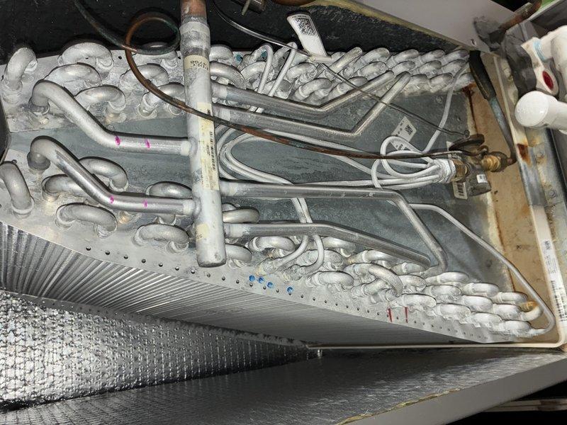 Completed scheduled cooling maintenance visit. Upon inspection, discovered evaporator coil completely frozen with substantial ice buildup covering all coil surfaces. Documented condition of blower assembly and frosted evaporator coil. Heavy frost accumulation indicated restricted airflow or possible refrigerant system issues requiring immediate attention. Photographed blower wheel assembly showing proper labeling and component identification, as well as the severely iced evaporator coil with visible refrigerant lines and electrical connections. System requires follow-up diagnostic work to determine root cause of freezing condition, which may include checking refrigerant charge levels, verifying proper airflow through the system, and inspecting for potential restrictions or mechanical failures.