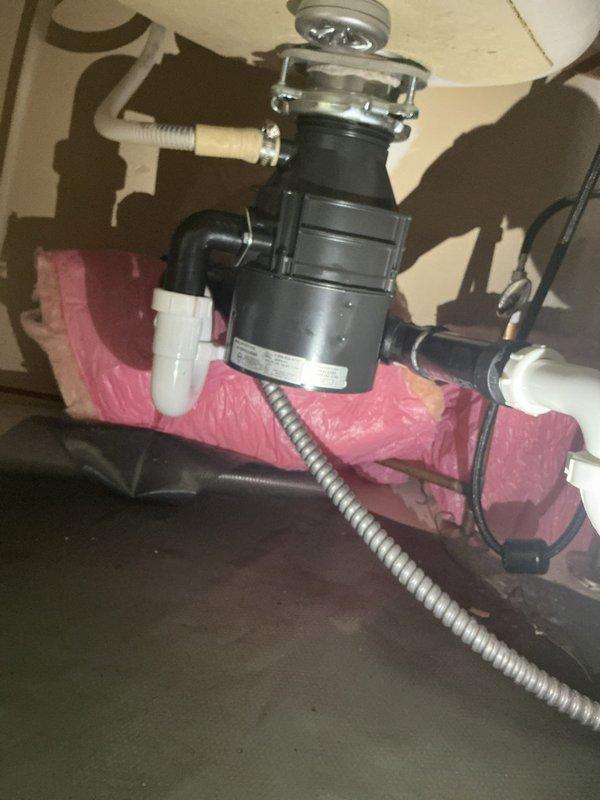 Performed tanked water heater flush to remove sediment buildup and maintain unit efficiency in 27-year-old home. Diagnosed malfunctioning garbage disposal unit that hummed but failed to operate; assessed disposal motor and mounting assembly under kitchen sink for potential jam or electrical failure. Documented existing plumbing configuration including disposal unit, PVC drainage system, and electrical connections via photographs for service records.