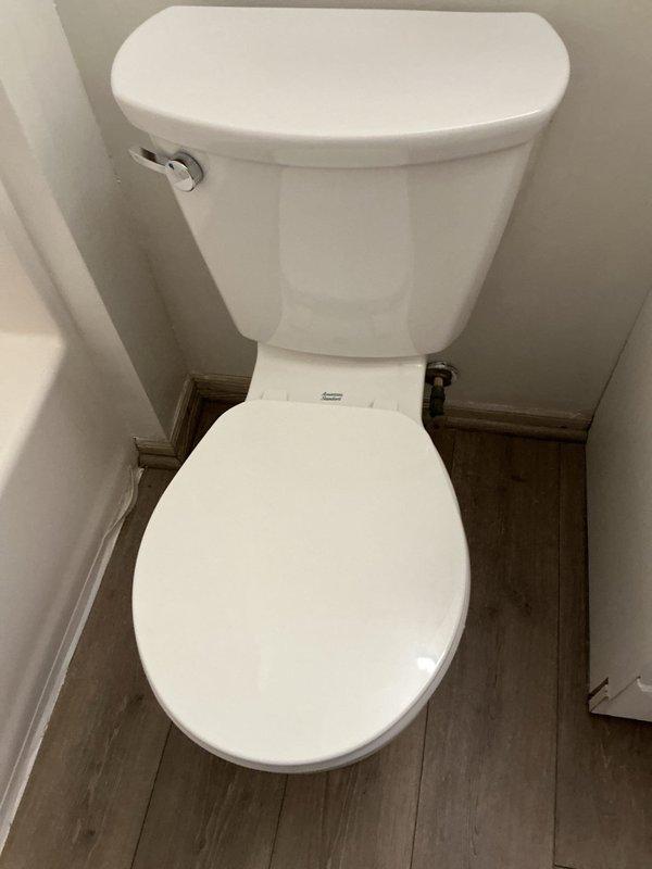 Completed installation of two new toilets in residential bathrooms. Installed a round-bowl, two-piece toilet in the hall bathroom and an elongated-bowl, two-piece toilet in the master bathroom. Both units feature standard white porcelain construction with chrome flush levers and were properly connected to existing water supply lines with shut-off valves. All installations were tested for proper function and verified leak-free operation.