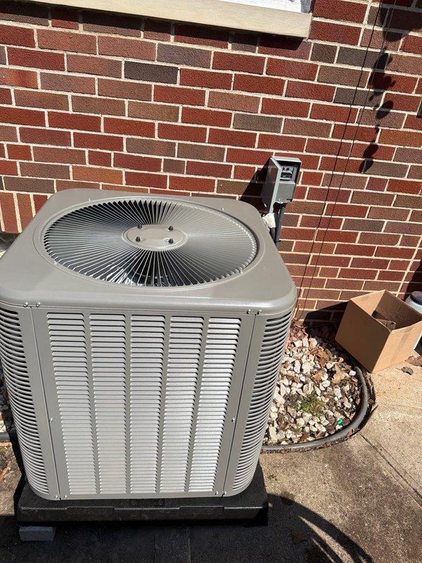 Completed installation of 80% efficiency furnace with add-on air conditioning system and new ductwork. Installed outdoor condensing unit on concrete pad against exterior brick wall, mounted electrical disconnect with 25-amp fuses, and integrated complete duct system to provide whole-home cooling capacity. All components tested and operational upon completion.
