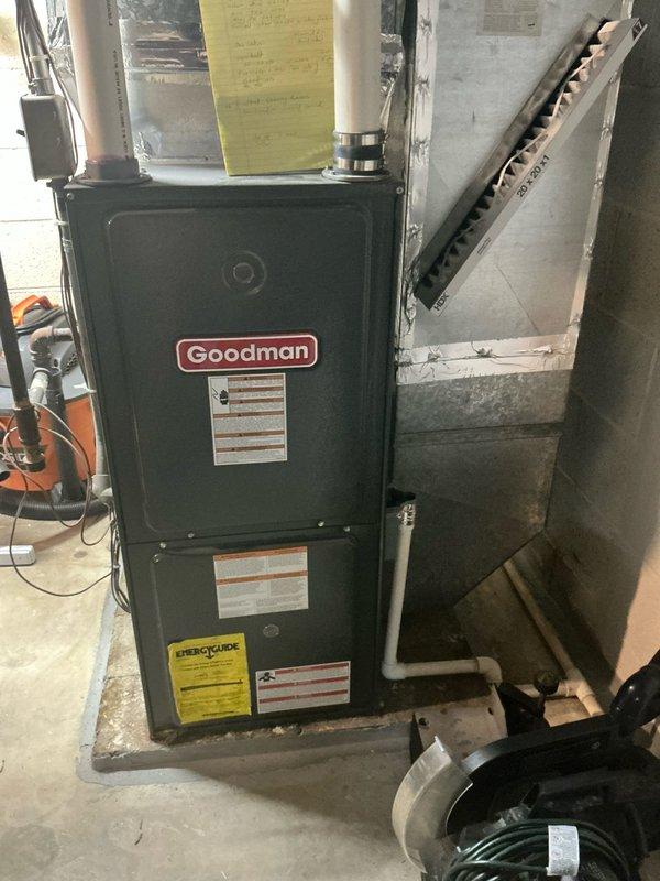 Conducted on-site assessment for complete HVAC system replacement involving furnace and air conditioning equipment. Evaluated existing Goodman furnace installation in basement utility area, documenting current system configuration, ductwork connections, and mechanical room layout. Prepared multiple quote options (02575-02, 02575-03, and 02575-04) for equipment replacement based on system requirements and installation parameters. Photographed existing equipment setup including furnace unit, air handler assembly, ductwork routing, and utility room conditions to support estimate documentation and future installation planning.