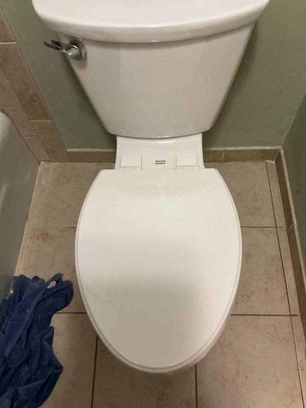 Removed existing toilet and installed new American Standard Cadet Pro comfort height model with elongated bowl. Replaced wax ring and mounting bolts during installation to ensure proper seal and stability. Reused existing toilet seat per homeowner request and reconnected water supply line to complete the installation.