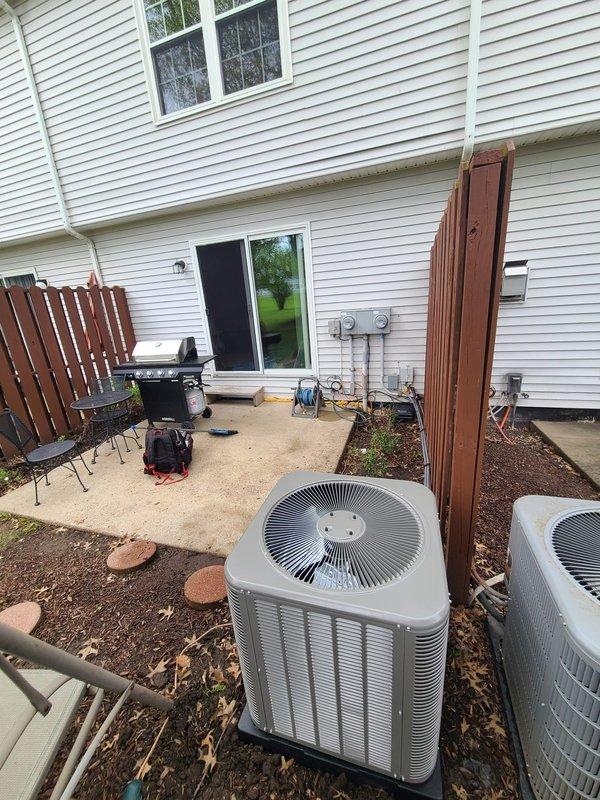 Completed full HVAC system installation including new 80% efficiency furnace and air conditioning condenser unit. Installed two outdoor condensing units with proper refrigerant line sets, electrical disconnects with 20A fuses, and established all necessary power connections to exterior electrical service panel. All equipment mounted on prepared pad with proper clearances, refrigerant lines properly insulated and secured to building exterior, and system tested for proper operation upon completion.