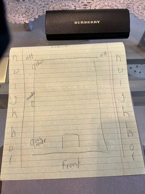 Completed electrical estimate for generator installation in basement area. Reviewed site conditions including exposed ceiling joists, concrete block walls, and existing utility routing. Documented space measurements and created preliminary layout sketch showing 15-foot and 13-foot dimensions for equipment placement and electrical service routing. Photographed installation location to assess structural considerations and clearance requirements for code-compliant generator setup.