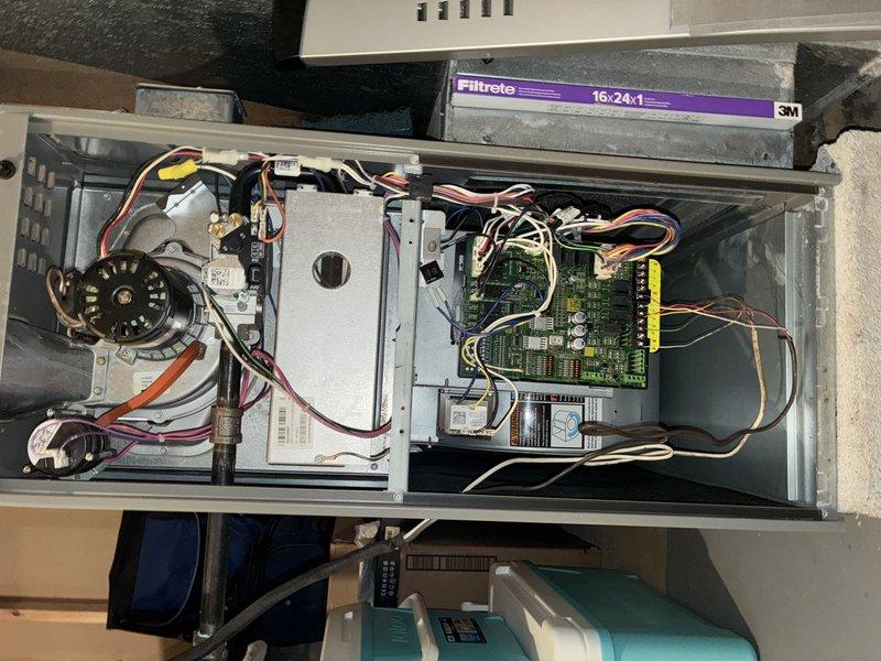 Completed comprehensive tune-up service on HVAC system, arriving after 2:30 PM as requested. Performed thorough inspection of air handler components including blower motor assembly, control board with electrical connections, and heat exchanger, verifying all wiring connections were secure and system components were operating within normal parameters. Replaced 16x24x1 air filter and documented equipment condition with photos for service records.
