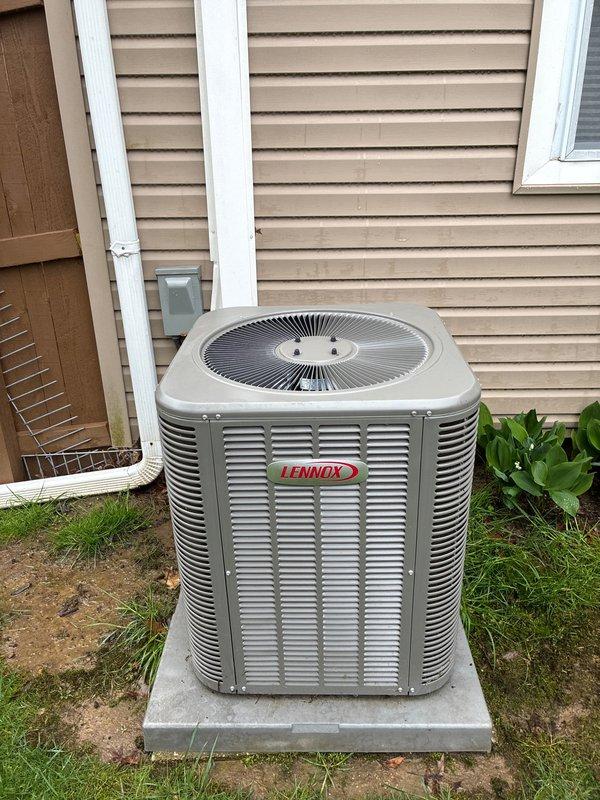 Completed routine maintenance visit on 3-year-old Lennox air conditioning system. Performed comprehensive inspection of outdoor condenser unit, verified proper electrical connections and capacitor operation, confirmed unit cleanliness and adequate clearance from surrounding vegetation. All components operating within normal parameters with no issues identified.