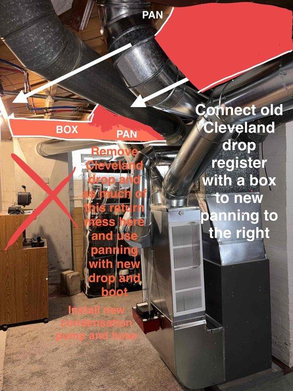 Performed site assessment for ductwork reconfiguration to eliminate low-hanging ducts in basement area. Evaluated existing furnace installation with flexible panning connecting to Cleveland drop register system. Assessed upper-level room for potential mini-split installation as alternative or supplemental HVAC solution to address customer's comfort concerns and aesthetic preferences for ductwork routing.