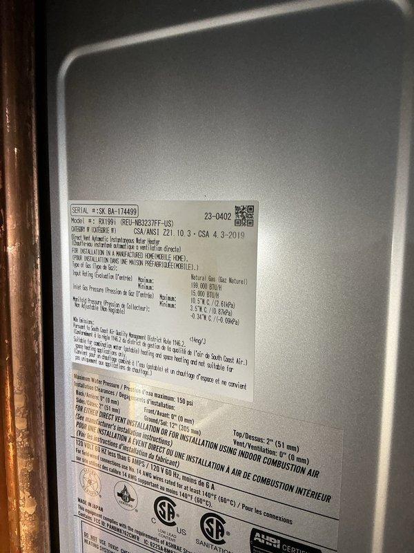 Performed preventative maintenance descaling service on Rinnai RK100T1 tankless water heater (Serial #J58 RA-174499). Flushed unit with descaling solution to remove mineral buildup and maintain optimal heat exchanger efficiency. Verified all inlet/outlet connections, confirmed digital display functioning properly at 160°F setpoint, and ensured unit returned to normal operation upon completion.