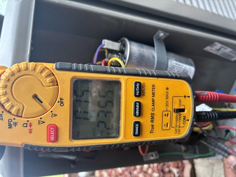 # HVAC Maintenance - Cooling

Performed comprehensive air conditioning maintenance service on residential cooling system. Conducted thorough electrical diagnostics using digital clamp meter to verify proper amperage draw and voltage levels across compressor and condenser fan motor circuits. Measured and documented electrical readings to ensure system components were operating within manufacturer specifications.

Inspected outdoor condensing unit, examining all electrical connections, contactors, and capacitor for signs of wear, corrosion, or degradation. Verified proper wiring connections and tested capacitor microfarad values to confirm adequate starting and running capacity for compressor and fan motor. All electrical measurements indicated system was functioning correctly with no component failures detected.

System tested and confirmed operational. All components operating within normal parameters with no immediate service needs identified.