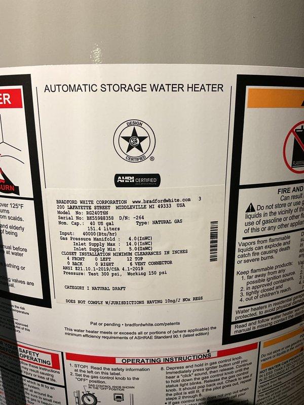 Replaced a leaking 2010 Bradford White 40-gallon tall water heater with a new Bradford White 40-gallon tall unit featuring a 6-year manufacturer warranty. Rebuilt hot and cold water supply lines, installed a new cold water shut-off valve, and added a thermal expansion tank to meet current code requirements. Due to basement access constraints, utilized a two-technician team to safely remove the failed unit and install the replacement equipment.