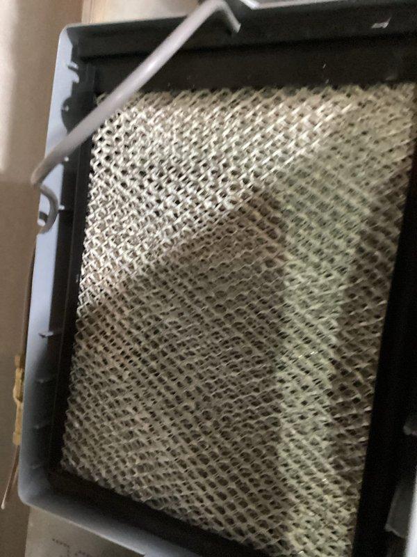 Completed routine MVP cooling maintenance visit. Inspected humidifier filter pad within housing unit, noting mineral deposit accumulation and discoloration on evaporator panel surface. Documented PVC condensate drain line configuration and verified proper installation standards compliance.