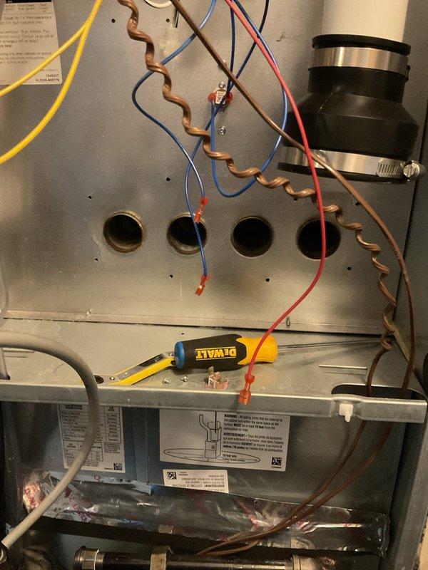 Responded to no heat call on one-year-old furnace system. Upon arrival, accessed unit and performed diagnostic inspection of internal components including blower assembly, control board wiring, and ignition system. Verified all electrical connections were secure and inspected copper refrigerant lines and condensate drainage system. System restored to proper heating operation and tested for normal cycling.
