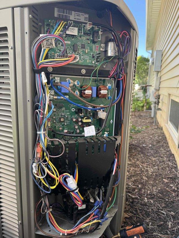 Completed scheduled cooling maintenance visit on residential HVAC system. Performed comprehensive inspection of outdoor condensing unit, including examination of electrical connections, terminal blocks, and internal control boards. All wiring connections, capacitor, and electronic components found to be in functional condition with normal operational wear. System operating within specifications.