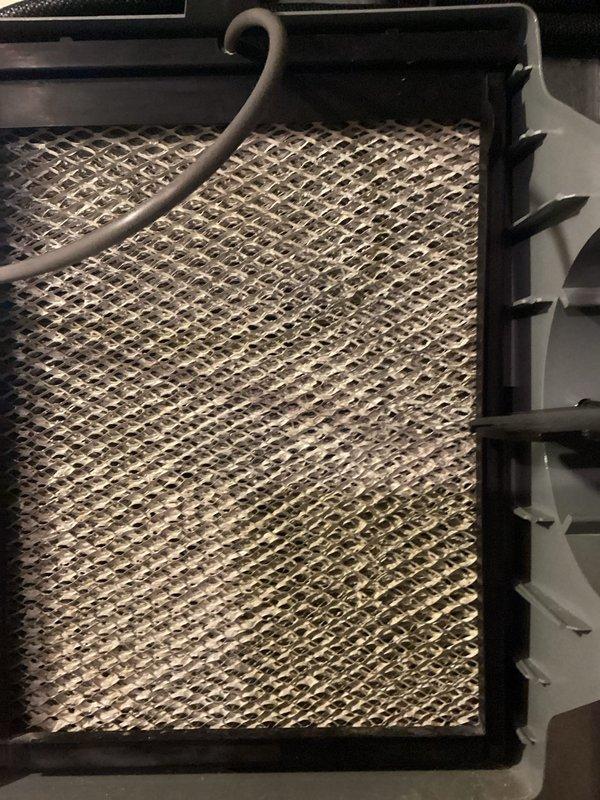 Completed routine MVP cooling maintenance visit on residential HVAC system. Inspected indoor air handler and documented air filter condition showing moderate dust accumulation on mesh filter media within black plastic frame. Evaluated outdoor condensing unit positioned on exterior pad, confirming proper clearance from landscaping and noting operational status of fan assembly and louvered cabinet panels. System components appeared functional with standard seasonal wear patterns observed on outdoor equipment.