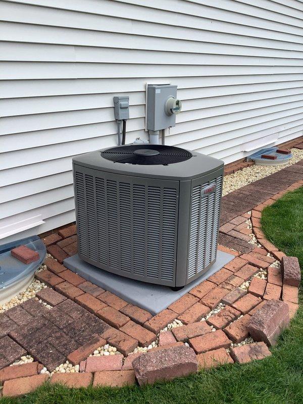 Completed scheduled preventive maintenance on residential split-system air conditioning unit. Performed comprehensive inspection of outdoor condensing unit and indoor Lennox furnace with evaporator coil, verified proper refrigerant levels, checked electrical connections at disconnect box, and confirmed system operation. All components found in good working condition with no deficiencies noted.