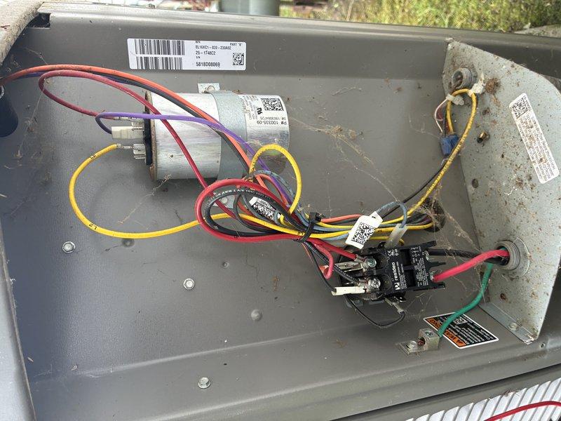 Completed preventive maintenance inspection on 8-year-old outdoor cooling unit. Inspected electrical control panel components including capacitor, contactors, and wiring connections; all components found in good working condition. Examined and assessed air filter element showing normal dust accumulation for routine operation.