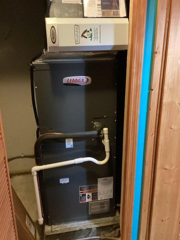 Completed BS-MVP cooling maintenance visit on 8-year-old geothermal heat pump system. Performed comprehensive inspection of indoor Lennox furnace/air handler unit and outdoor condenser unit. Verified proper operation of all components, checked refrigerant lines and electrical connections, inspected PVC condensate drainage system, and confirmed adequate airflow through filter housing. Both indoor and outdoor units operating within normal parameters with no deficiencies noted. System cleaned and ready for continued cooling season operation.