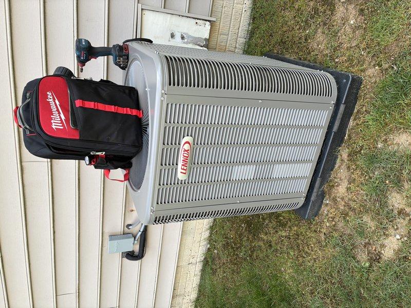 Completed preventive maintenance inspection on Lennox condensing unit for MVP customer. Performed electrical diagnostics using clamp meter, measuring amperage at 0.55A and voltage at 126.5V to verify proper compressor operation and system performance. All measurements within manufacturer specifications, unit operating normally with no deficiencies noted.