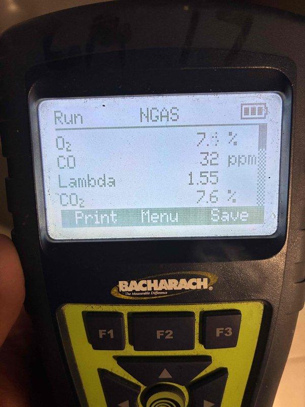 Completed MVP heating maintenance visit on 3-year-old system. Performed combustion analysis showing oxygen level at 7.7%, carbon monoxide at 32 ppm, and carbon dioxide at 7.6% - all readings within acceptable parameters for natural gas operation. Measured supply air temperature at 51.2°F at ductwork. Inspected insulated duct system in attic space and verified proper operation of heating equipment.