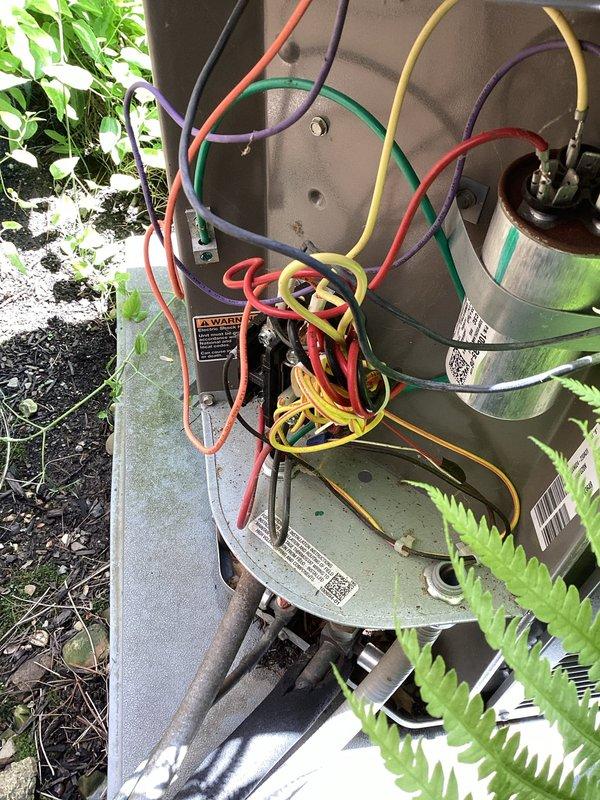 Completed MVP cooling maintenance visit on outdoor condensing unit. Connected refrigerant gauges to service ports to verify system pressures and performance, inspected electrical components including fuses in disconnect box, and performed standard preventative maintenance checks on all accessible components to ensure proper system operation for the cooling season.