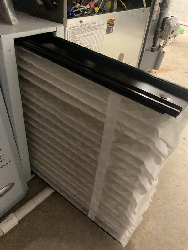 Completed preventive maintenance on 4-year-old air conditioning system. Inspected outdoor condensing unit and indoor air handler, verified proper operation of all components, and checked system airflow. Replaced air filter and assessed ductwork condition for potential cleaning needs.