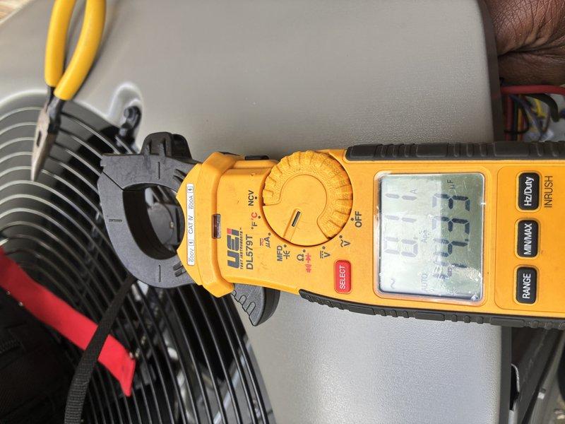 Completed MVP recurring maintenance visit on 5-year-old cooling system. Performed comprehensive system diagnostics using digital clamp meter to measure electrical parameters including amperage draw on condenser fan motor and compressor. All electrical readings were within normal operating specifications, and system components showed proper functionality during testing.