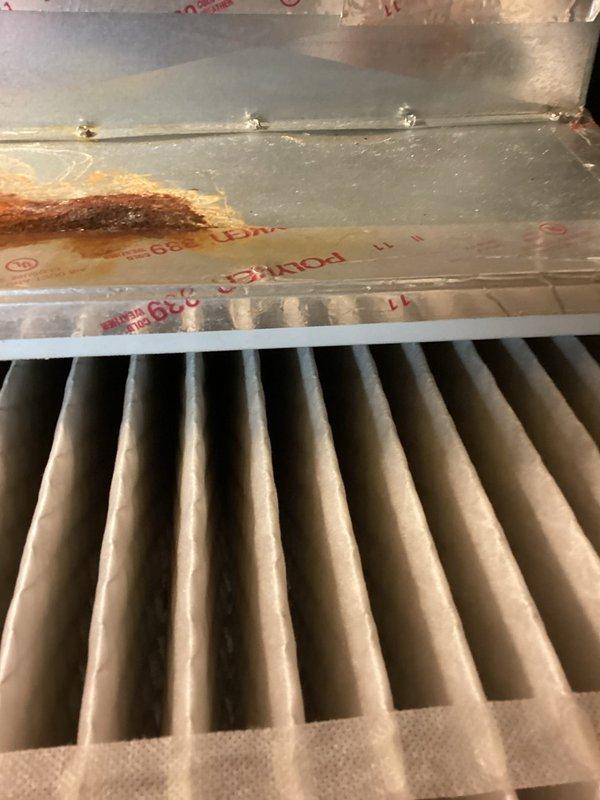 Completed MVP cooling maintenance visit on 3-year-old system. Inspected outdoor condenser unit, verified proper operation of fan assembly and refrigerant lines, checked indoor air filter condition and noted rust staining on metal panel indicating possible moisture exposure. Unit operational with follow-up scheduled.