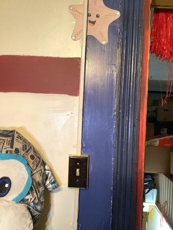 Installed new light fixture and single-pole switch in older residential property with existing wiring infrastructure. Replaced outdated switch plate with new brown cover plate, ensuring proper electrical connections and code-compliant installation throughout the aged home's electrical system.