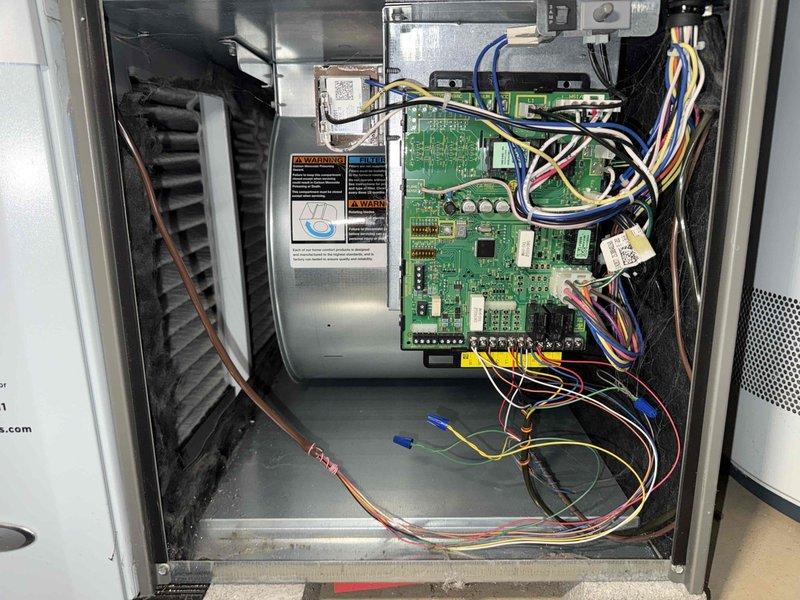 Completed preventative maintenance on a four-year-old residential air conditioning system. Performed comprehensive system inspection including control board functionality check, electrical connections verification, and ductwork examination. All components found operating within normal parameters with no deficiencies noted. Control board circuitry, wire harnesses, and safety systems inspected and confirmed in proper working condition. Flexible ductwork connections secure with no visible leaks or damage detected.