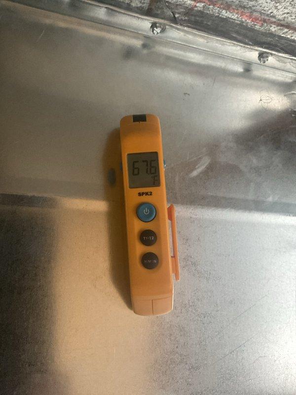 Completed BS-MVP cooling maintenance visit on 5-year-old outdoor HVAC unit. Performed comprehensive system inspection and diagnostics, recording temperature readings of 46°F and 67.6°F at key measurement points on the air handler and ductwork components. All maintenance procedures completed per manufacturer specifications, with photographic documentation captured for service records.
