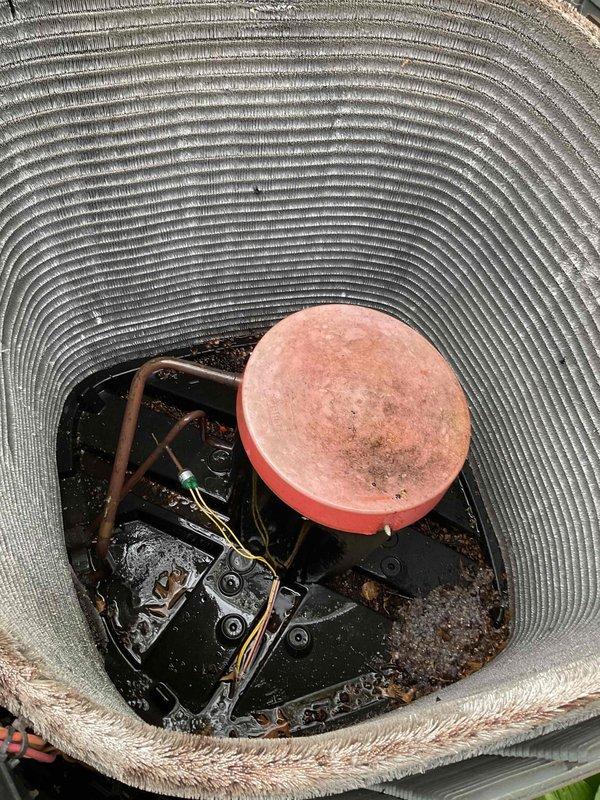 Completed MVP cooling maintenance visit on 12-year-old system. Replaced dirty air filter with new unit, as evidenced by significant dust accumulation on the old filter. Inspected condensate drain system and found standing water with debris and sediment accumulation in drain pan, indicating potential drainage issue that will require monitoring or future attention to prevent overflow and water damage.